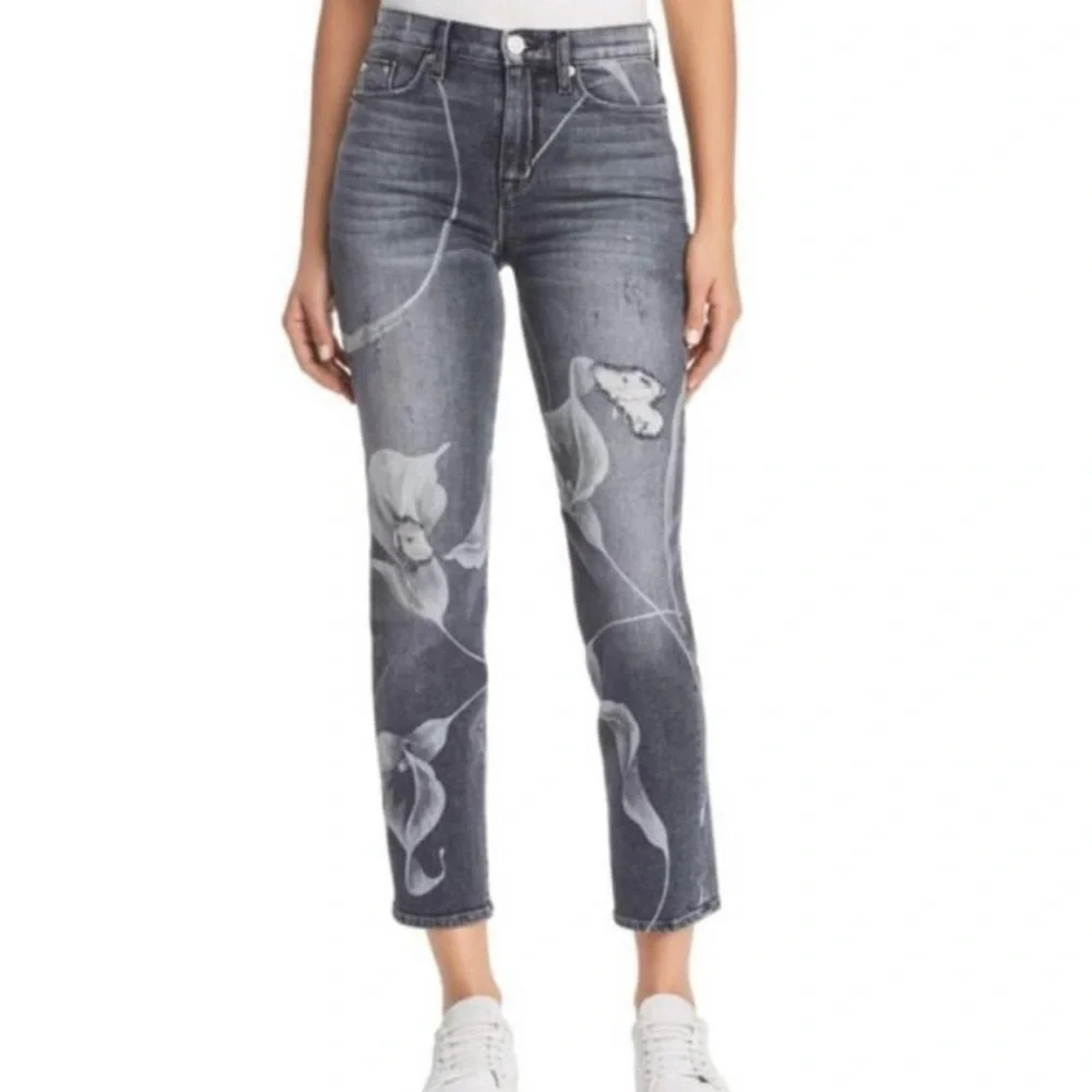 Hudson NWT High Rise Zoey Straight Crop Distressed Gray Floral Jean Size 25